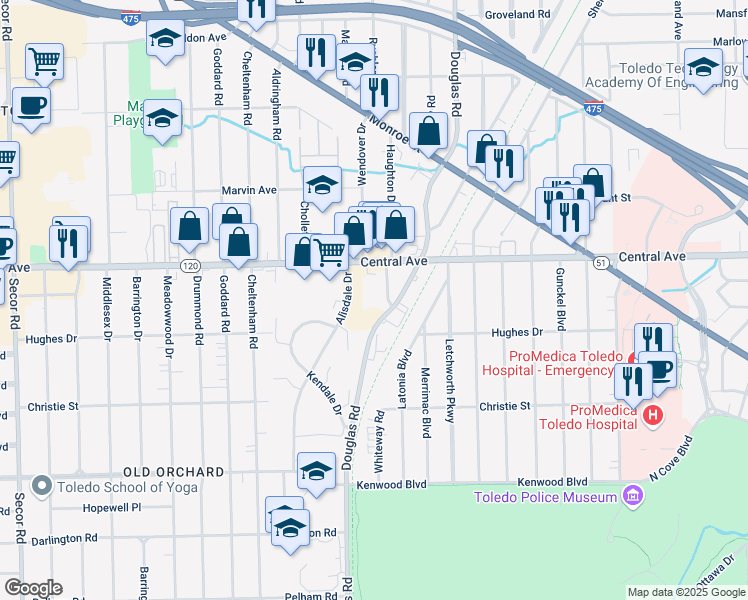 map of restaurants, bars, coffee shops, grocery stores, and more near 2941 Haughton Drive in Toledo