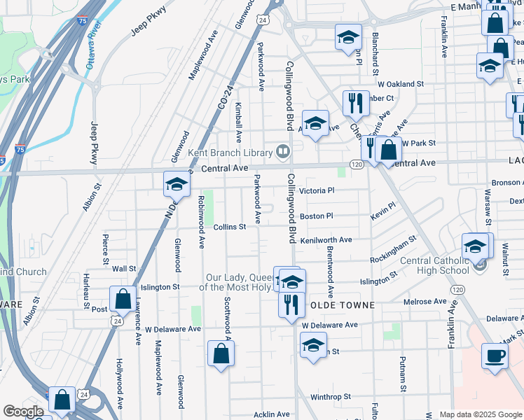 map of restaurants, bars, coffee shops, grocery stores, and more near 2839 Parkwood Avenue in Toledo