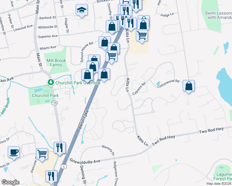map of restaurants, bars, coffee shops, grocery stores, and more near 67 Crown Ridge in Newington