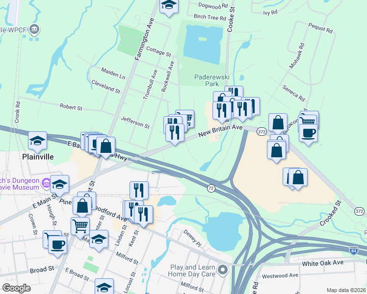map of restaurants, bars, coffee shops, grocery stores, and more near 126 New Britain Avenue in Plainville