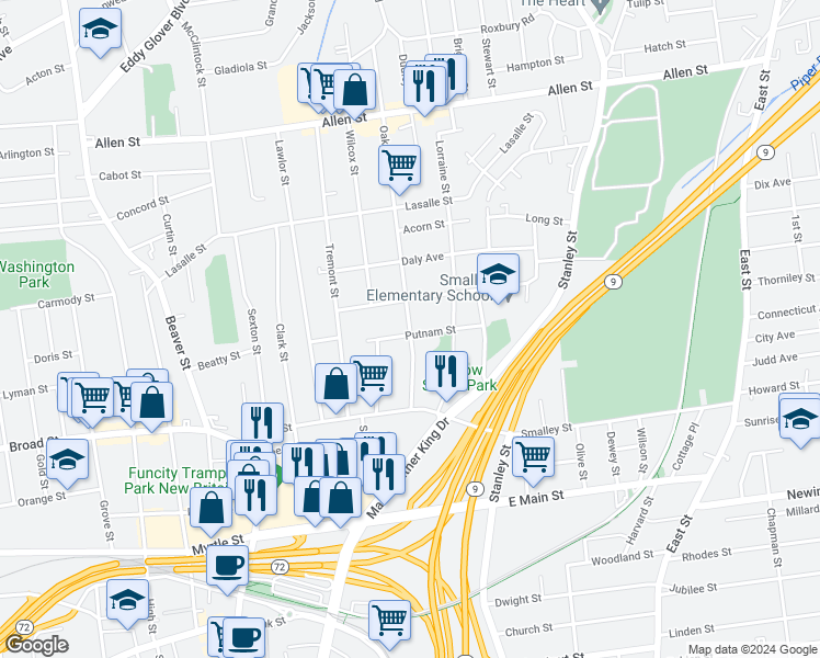 map of restaurants, bars, coffee shops, grocery stores, and more near 77 Oak Street in New Britain