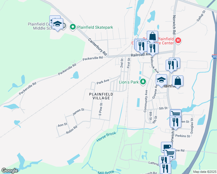 map of restaurants, bars, coffee shops, grocery stores, and more near in Plainfield