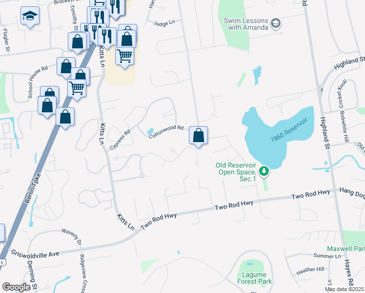 map of restaurants, bars, coffee shops, grocery stores, and more near 66 Pepper Bush Lane in Newington