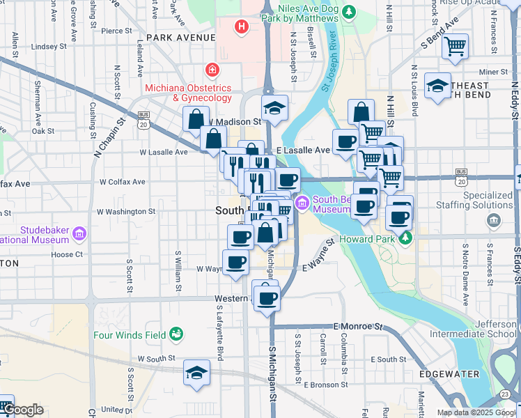 map of restaurants, bars, coffee shops, grocery stores, and more near 111 West Washington Street in South Bend
