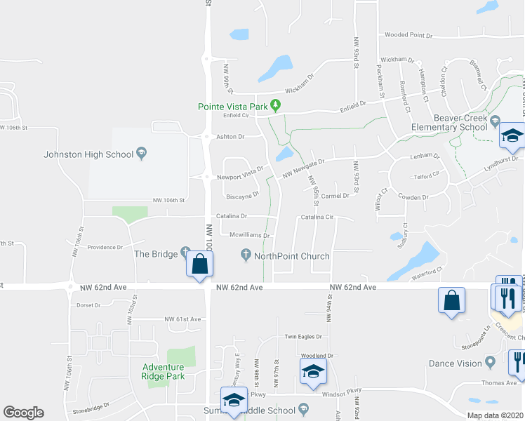 map of restaurants, bars, coffee shops, grocery stores, and more near 9709 Catalina Drive in Johnston
