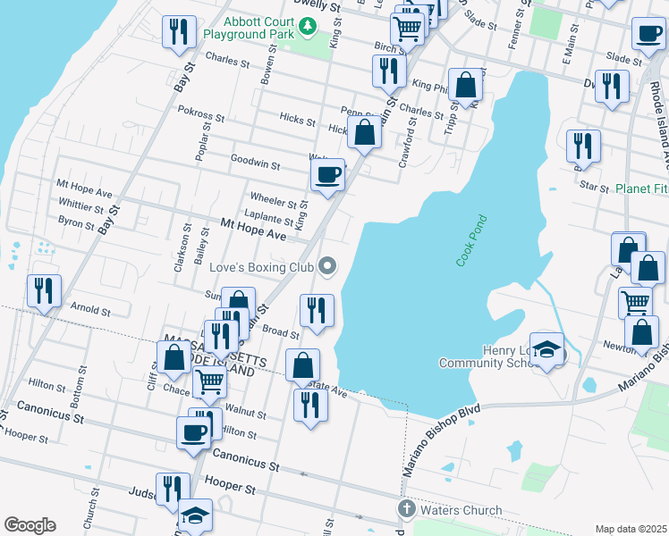 map of restaurants, bars, coffee shops, grocery stores, and more near 126 Shove Street in Fall River