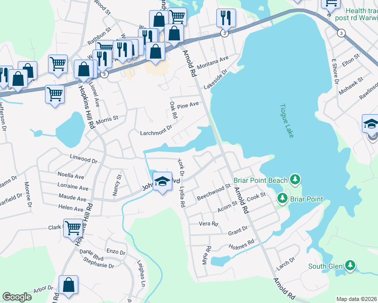 map of restaurants, bars, coffee shops, grocery stores, and more near 11 York Drive in Coventry