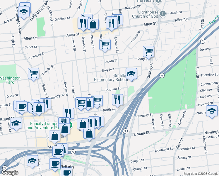 map of restaurants, bars, coffee shops, grocery stores, and more near 70 Oak Street in New Britain