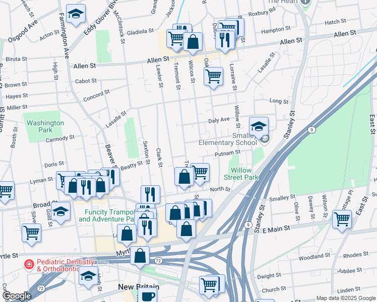 map of restaurants, bars, coffee shops, grocery stores, and more near 55 Tremont Street in New Britain