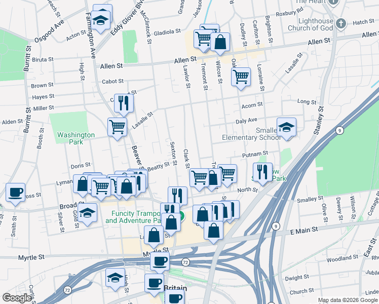 map of restaurants, bars, coffee shops, grocery stores, and more near 149 Clark Street in New Britain