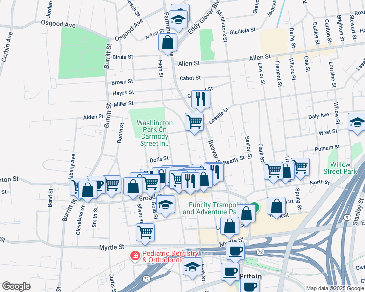 map of restaurants, bars, coffee shops, grocery stores, and more near 219 Grove Street in New Britain