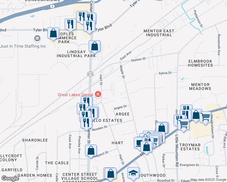 map of restaurants, bars, coffee shops, grocery stores, and more near 7155 Hart Street in Mentor