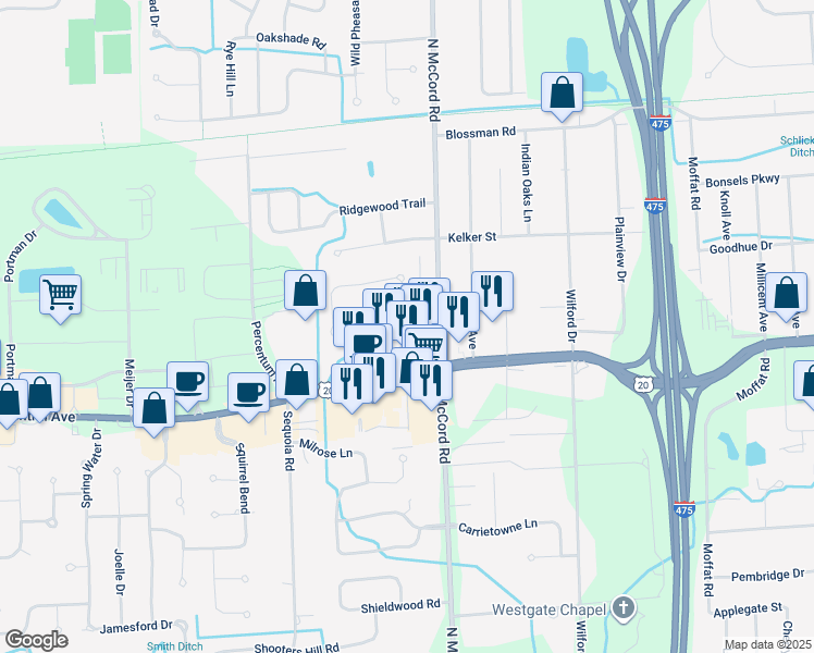 map of restaurants, bars, coffee shops, grocery stores, and more near 6728 Central Avenue in Toledo