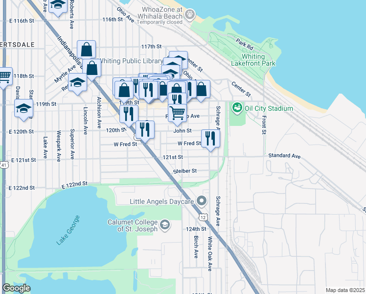 map of restaurants, bars, coffee shops, grocery stores, and more near 1441 121st Street in Whiting