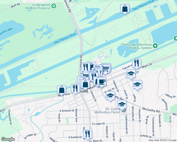map of restaurants, bars, coffee shops, grocery stores, and more near 345 Front Street in Lemont