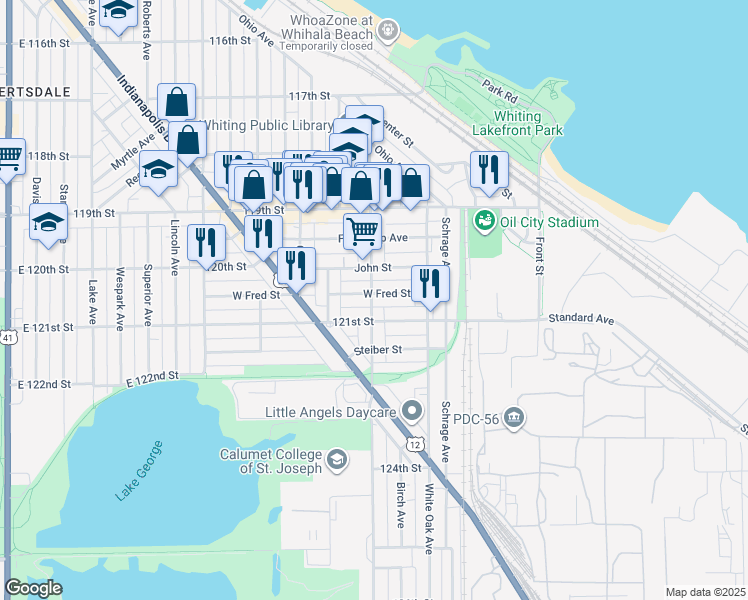 map of restaurants, bars, coffee shops, grocery stores, and more near 1441 121st Street in Whiting