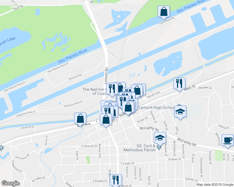map of restaurants, bars, coffee shops, grocery stores, and more near 2-198 River Street in Lemont