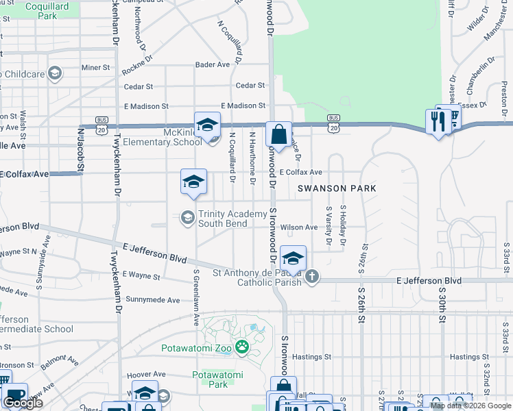 map of restaurants, bars, coffee shops, grocery stores, and more near 104 S Hawthorne Dr in South Bend