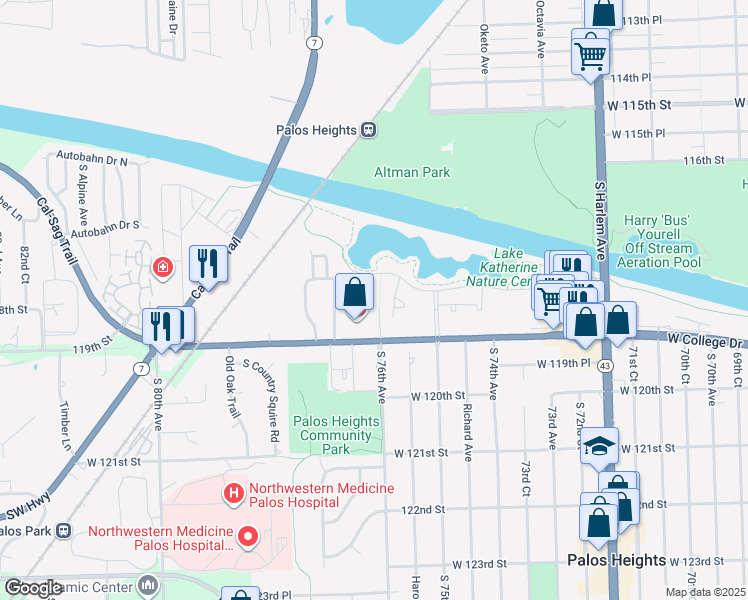 map of restaurants, bars, coffee shops, grocery stores, and more near 24 Lake Katherine Way in Palos Heights