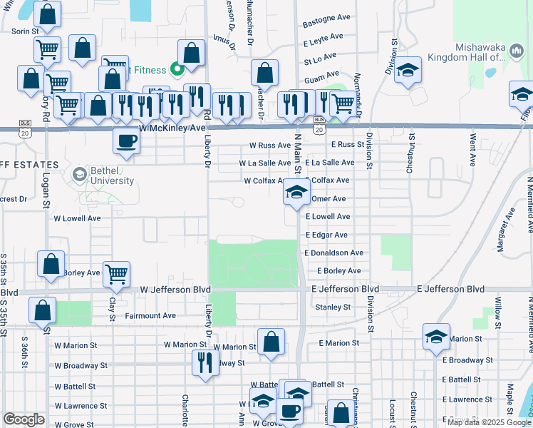map of restaurants, bars, coffee shops, grocery stores, and more near 1801 North Main Street in Mishawaka