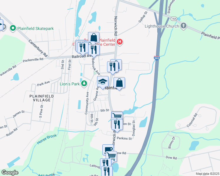 map of restaurants, bars, coffee shops, grocery stores, and more near Connecticut 12 in Plainfield