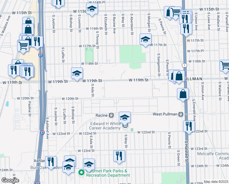 map of restaurants, bars, coffee shops, grocery stores, and more near 11930 South Racine Avenue in Chicago