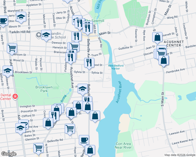 map of restaurants, bars, coffee shops, grocery stores, and more near River Road in New Bedford