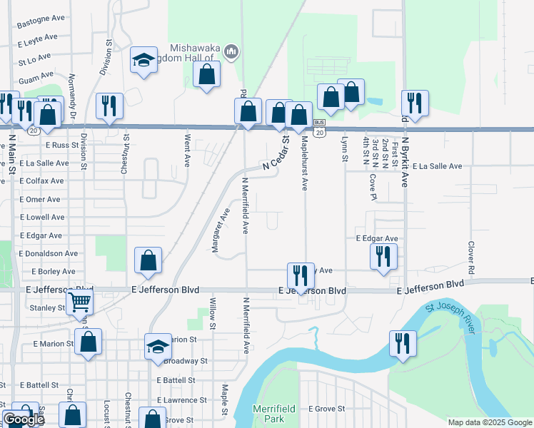 map of restaurants, bars, coffee shops, grocery stores, and more near 1700 Village Circle in Mishawaka