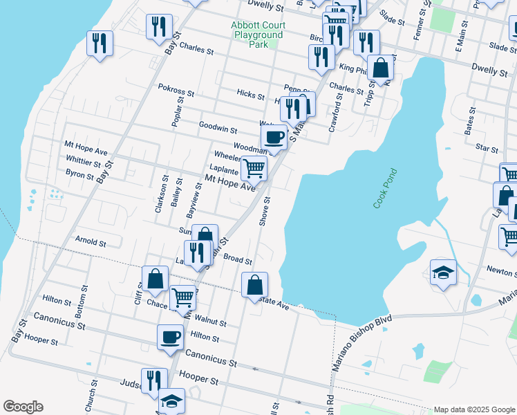 map of restaurants, bars, coffee shops, grocery stores, and more near 2400 South Main Street in Fall River