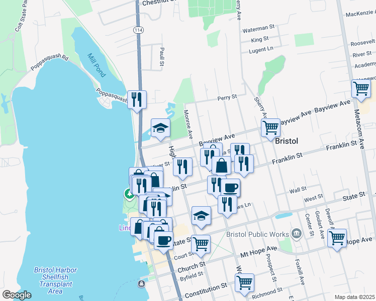 map of restaurants, bars, coffee shops, grocery stores, and more near 43 Monroe Avenue in Bristol