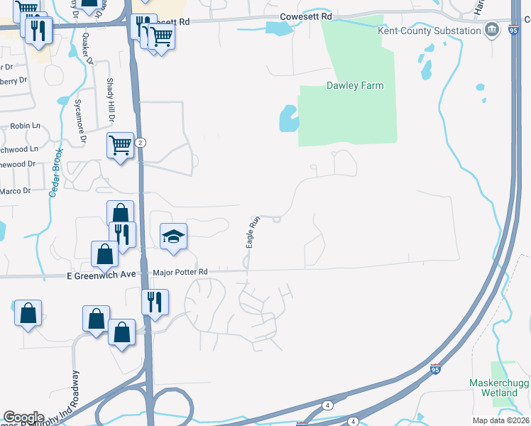 map of restaurants, bars, coffee shops, grocery stores, and more near 5 Eagle Run in East Greenwich