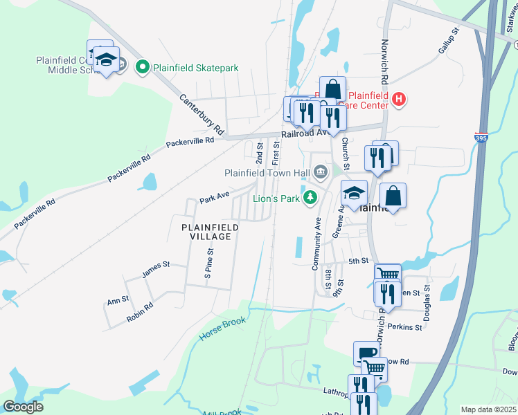 map of restaurants, bars, coffee shops, grocery stores, and more near 58-60 First Street in Plainfield