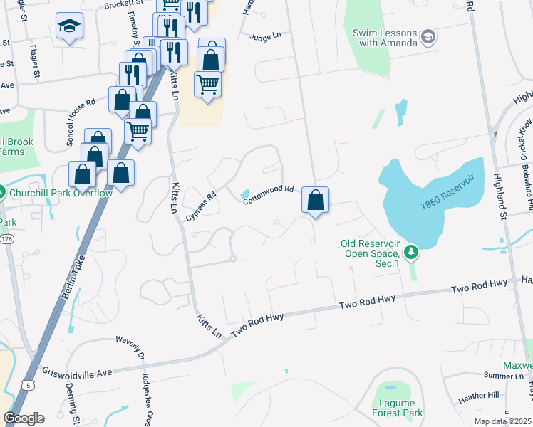 map of restaurants, bars, coffee shops, grocery stores, and more near 7 Bittersweet Court in Newington