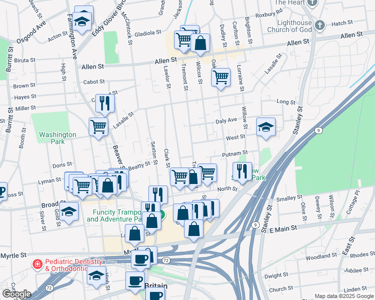map of restaurants, bars, coffee shops, grocery stores, and more near 9 East Lawlor Street in New Britain