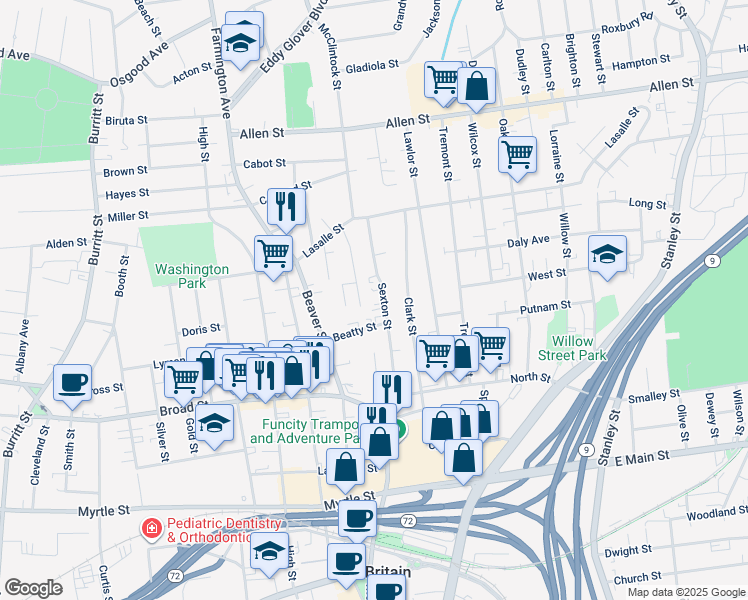 map of restaurants, bars, coffee shops, grocery stores, and more near 76 Sexton Street in New Britain