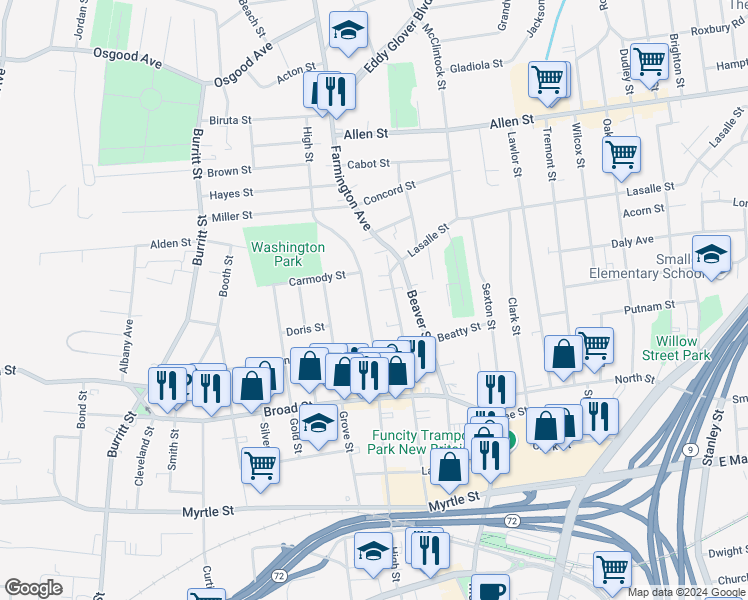 map of restaurants, bars, coffee shops, grocery stores, and more near 295 High Street in New Britain