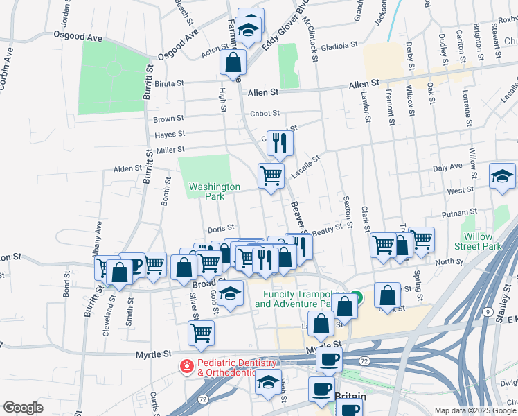 map of restaurants, bars, coffee shops, grocery stores, and more near 219 Grove Street in New Britain