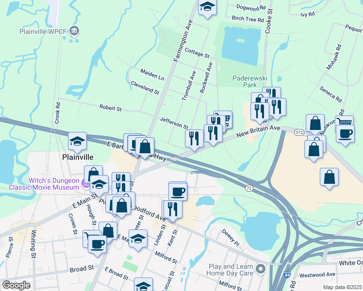 map of restaurants, bars, coffee shops, grocery stores, and more near in Plainville