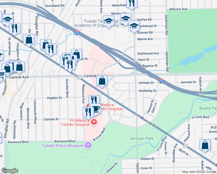 map of restaurants, bars, coffee shops, grocery stores, and more near 2901 Jermain Drive in Toledo