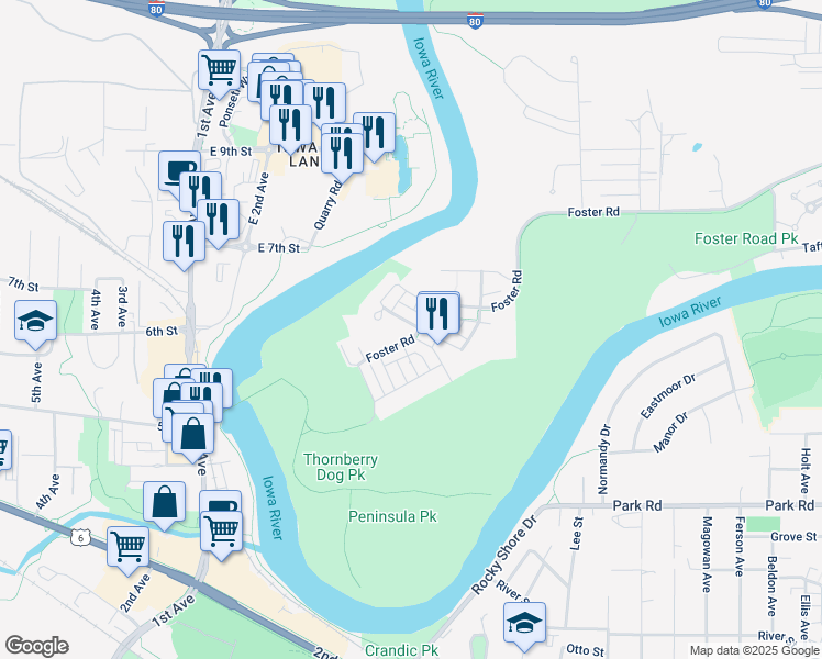 map of restaurants, bars, coffee shops, grocery stores, and more near 2351 Willenbrock Circle in Iowa City