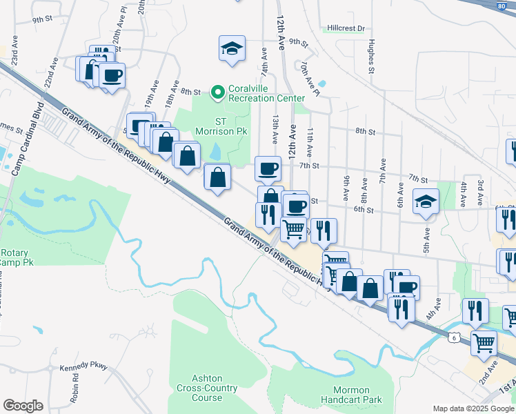 map of restaurants, bars, coffee shops, grocery stores, and more near 250 12th Avenue in Coralville