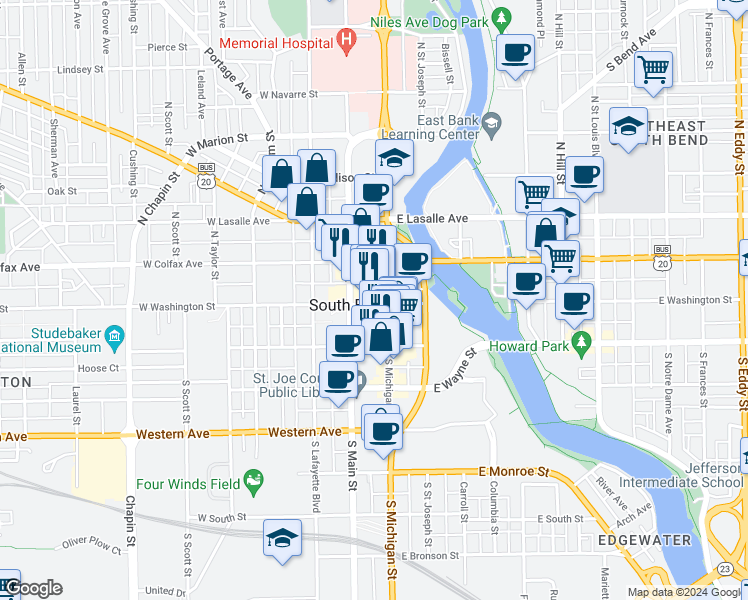 map of restaurants, bars, coffee shops, grocery stores, and more near 111 West Washington Street in South Bend