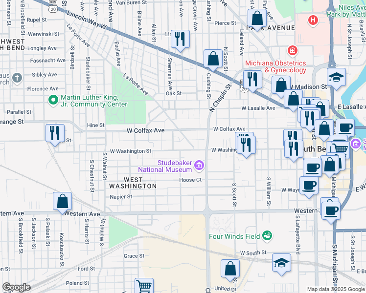 map of restaurants, bars, coffee shops, grocery stores, and more near 919 West Washington Street in South Bend