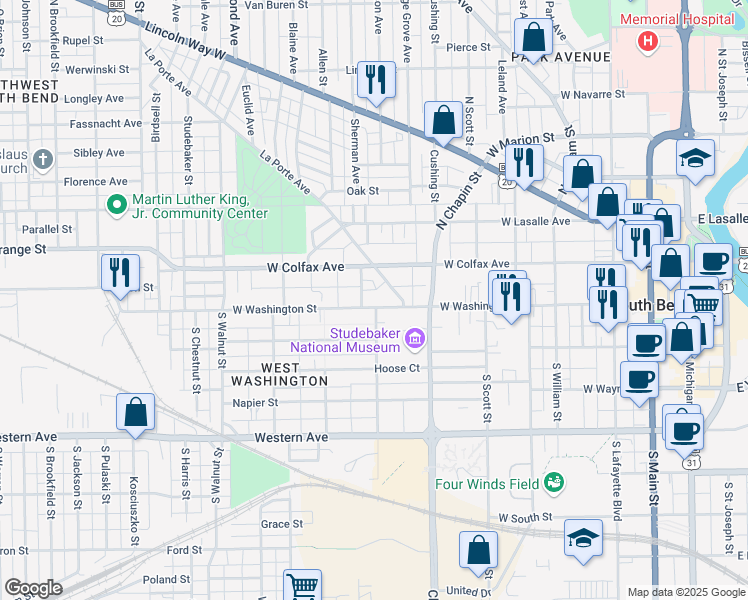 map of restaurants, bars, coffee shops, grocery stores, and more near 925 West Washington Street in South Bend
