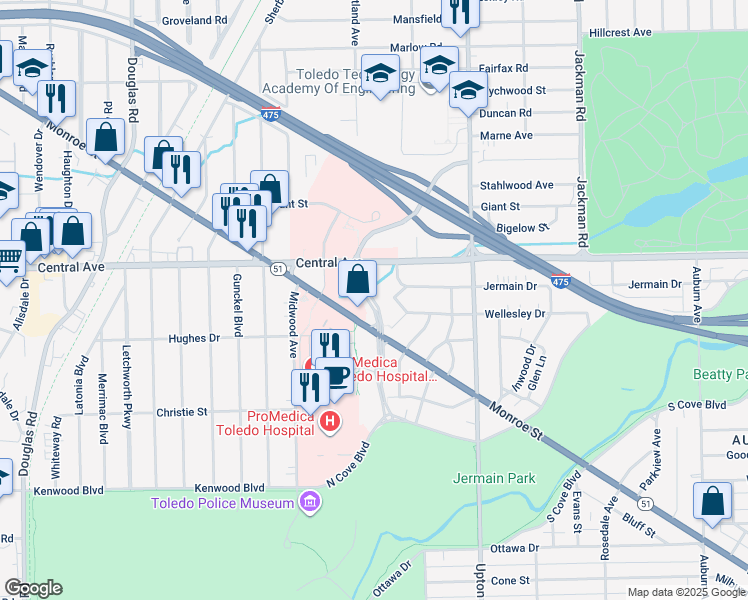 map of restaurants, bars, coffee shops, grocery stores, and more near 2921 Jermain Drive in Toledo