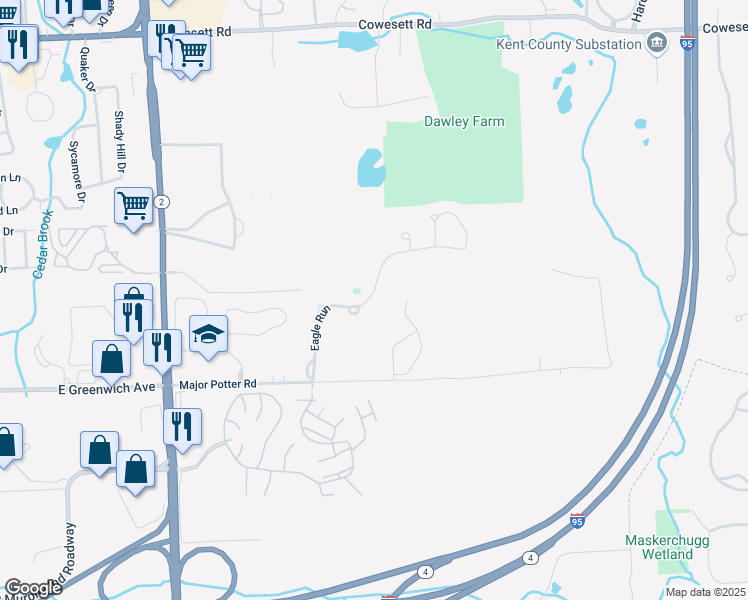 map of restaurants, bars, coffee shops, grocery stores, and more near 19 Eagle Run in East Greenwich