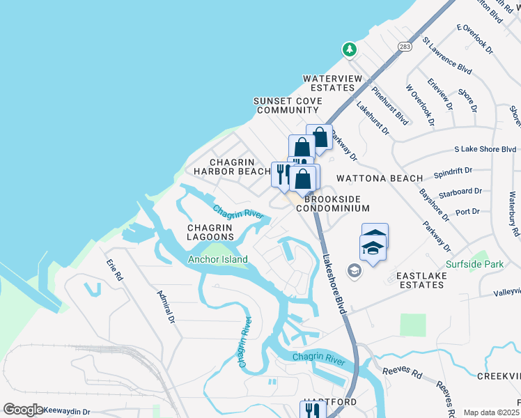 map of restaurants, bars, coffee shops, grocery stores, and more near 122 Forest Drive in Eastlake