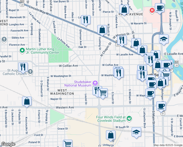 map of restaurants, bars, coffee shops, grocery stores, and more near 905 West Washington Street in South Bend