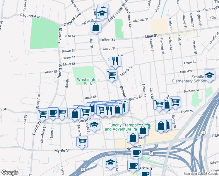 map of restaurants, bars, coffee shops, grocery stores, and more near 313 High Street in New Britain