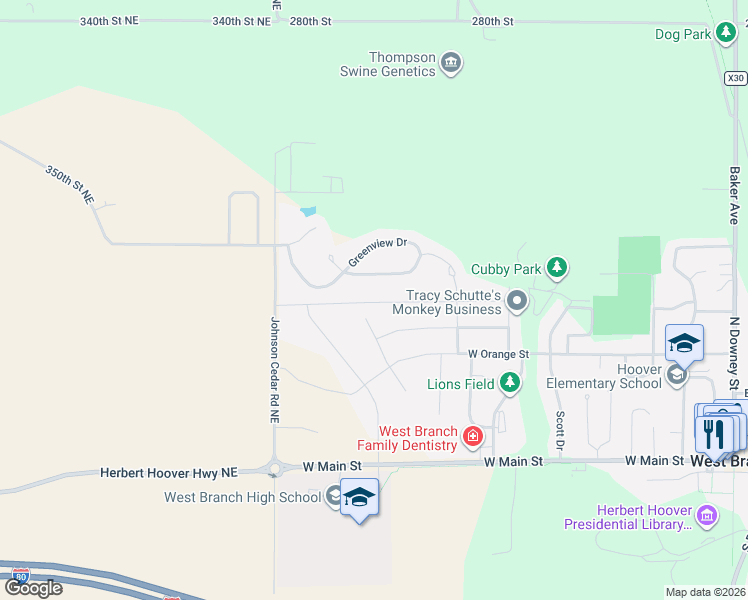 map of restaurants, bars, coffee shops, grocery stores, and more near 34 Green View Drive in West Branch